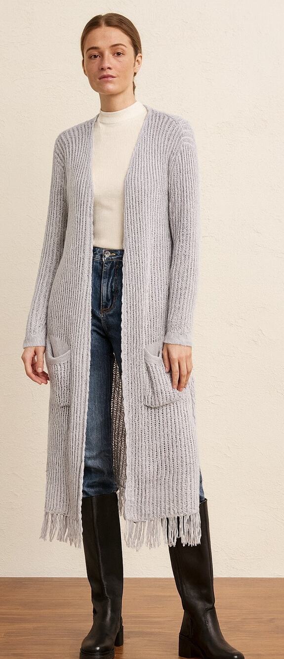 Womens POL Duster Cardigan Large Gray Fringed Open Front Loose Knit Pockets - Picture 1 of 5